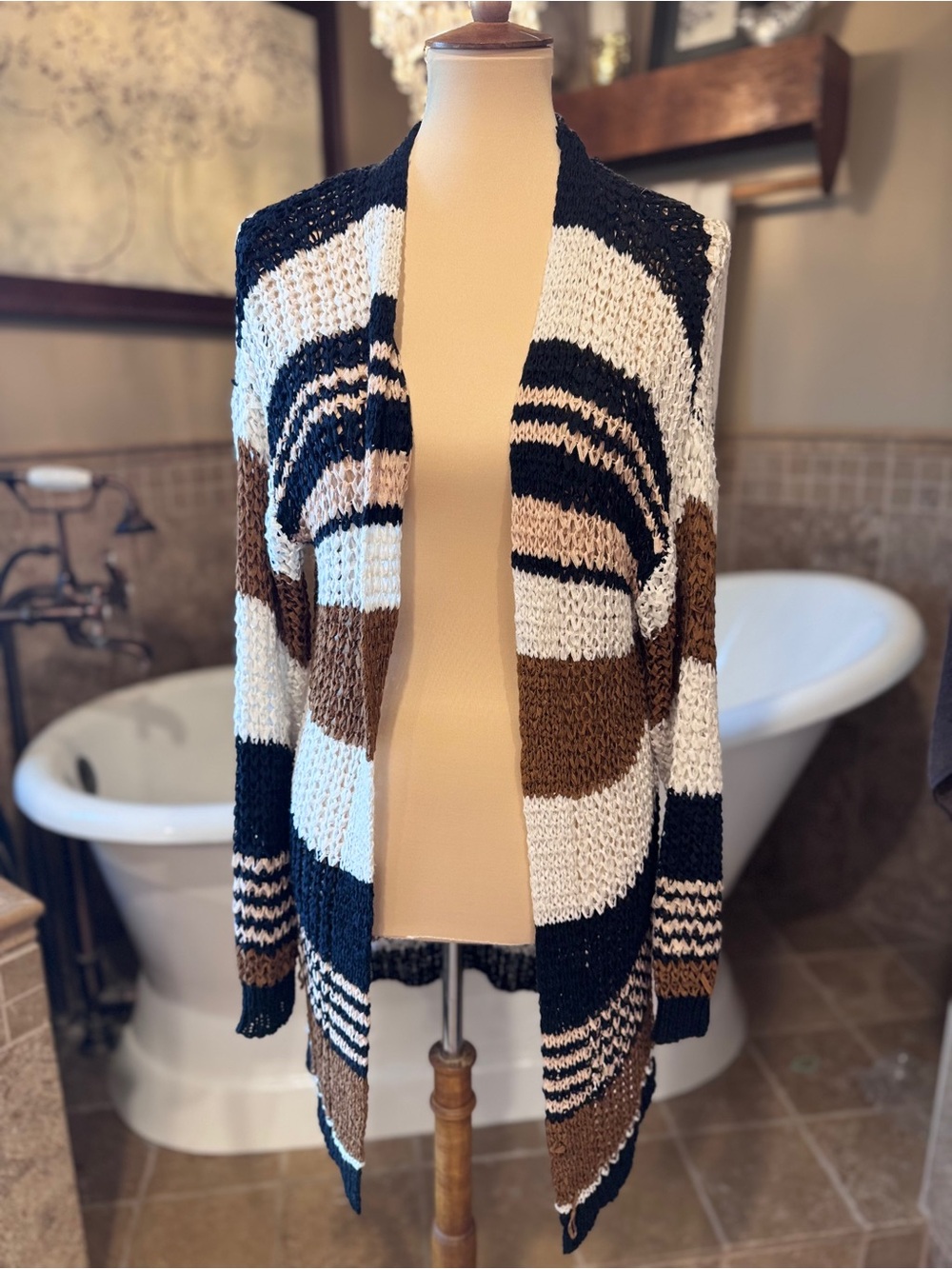 BKE Striped Open-Front Cardigan - Black White Brown size small long